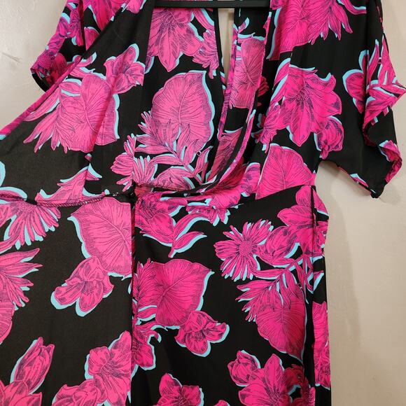 Monteau Womens Maxi Wrap Dress Size S Pink Black Floral Tie Front Kimono Sleeve - Picture 5 of 11